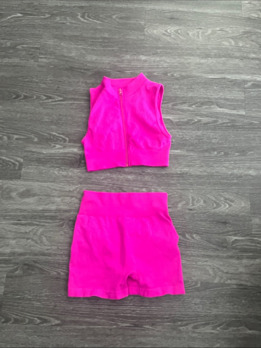 Women’s zip-Front Ribbed Crop Top and High-Waist Shorts Set - Hot Pink